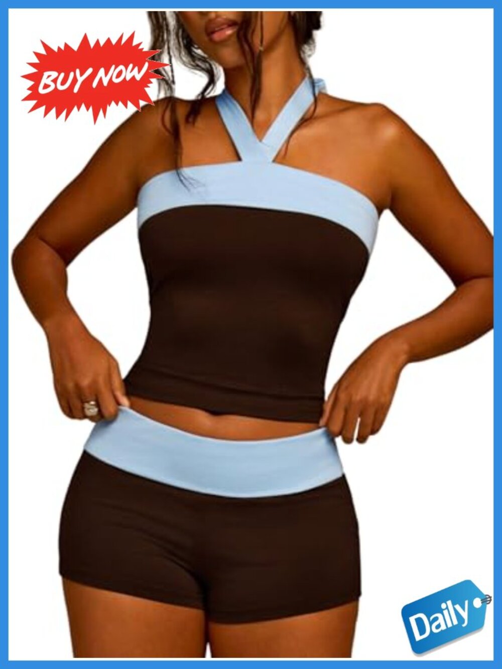 Women's 2 Piece Summer Outfit Sleeveless Halter Top and Shorts Set Lightweight
